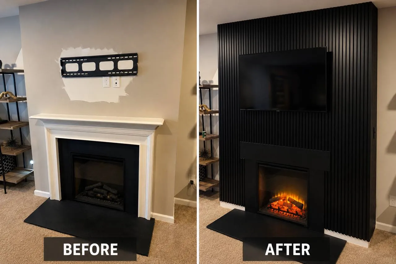 Fireplace before and after. Left: a white painted mantel with a bare bracket on the wall above it. Right: a floor-to-ceiling black slat wall with the TV and an electric firebox set flush into it.