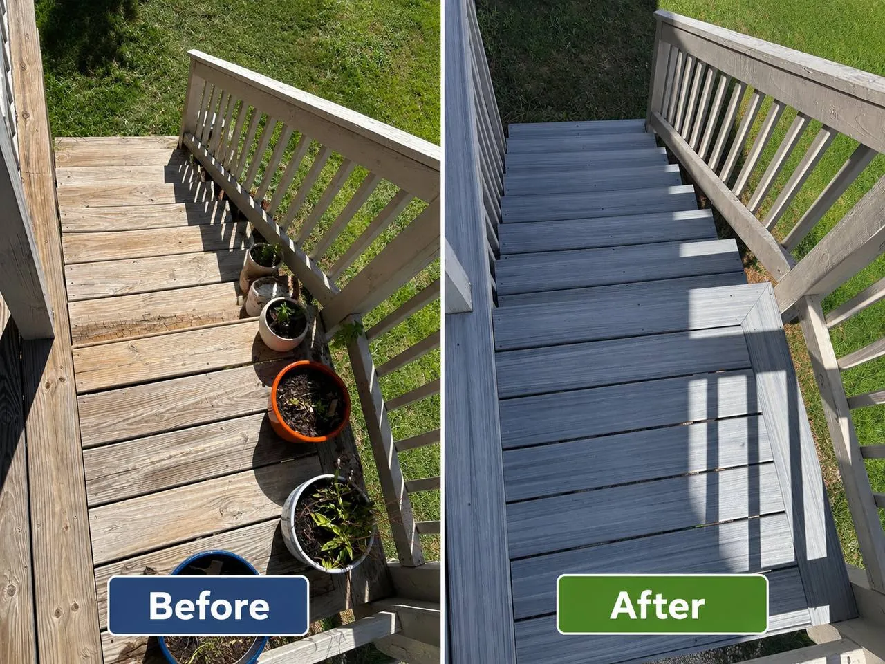 Deck landing and stairs from above, before and after. Left: weathered, split and cupped pressure-treated boards with plant pots on them. Right: new grey composite decking and stair treads over the same structure.