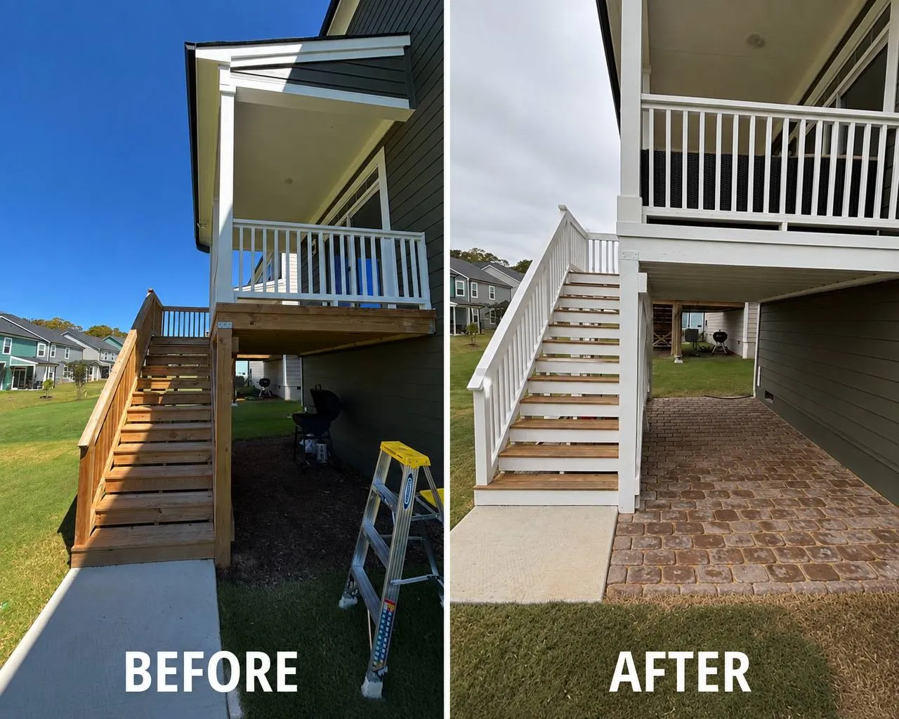 Rear deck stairs and the space beneath the deck, before and after. Left: weathered bare-wood stair railings and a strip of dirt under the deck. Right: the stair and deck railings finished in white, with a paver patio laid across the dirt.