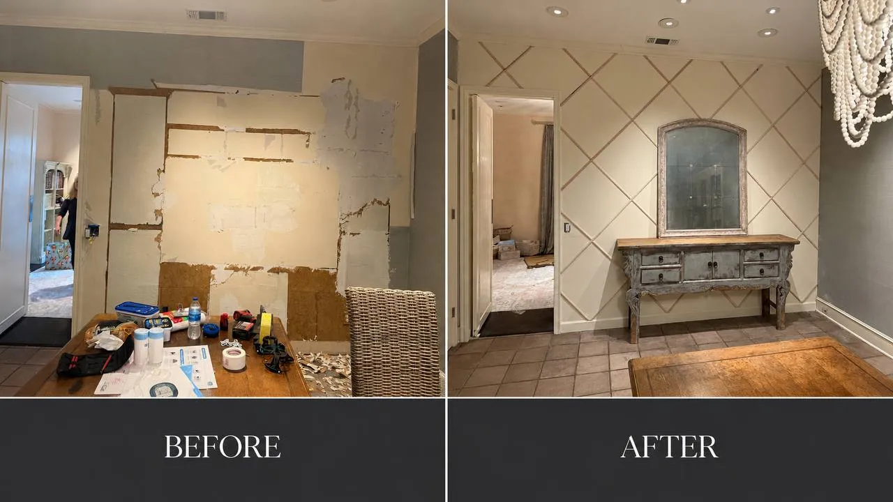 Entry wall before and after. Left: drywall stripped back to patched board and old wallpaper backing with tools on the table. Right: the finished wall in a painted diamond lattice moulding pattern with a console table and mirror against it.