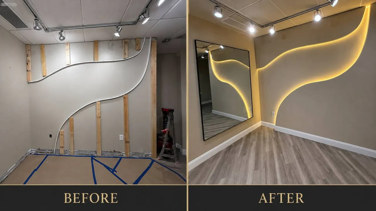 Curved feature wall before and after. Left: exposed studs and conduit following an S-curve marked out on the wall. Right: the finished wall with a continuous warm LED line tracing the curve and a large framed mirror alongside.