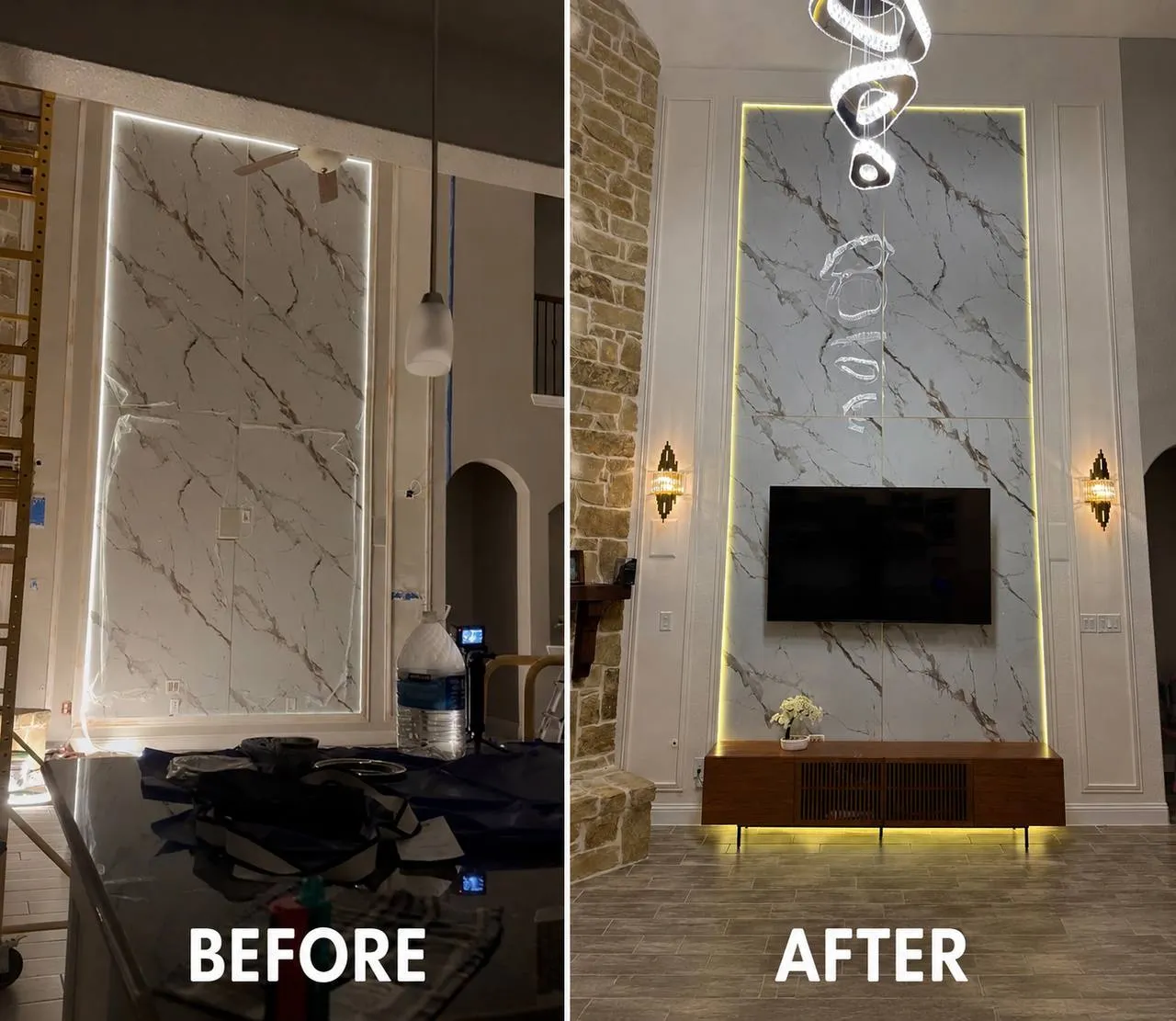 Two-storey feature wall before and after. Left: large-format marble-effect porcelain panels part-installed behind protective sheeting. Right: the finished wall with LED backlighting around the full perimeter, a moulded surround and a mounted TV.