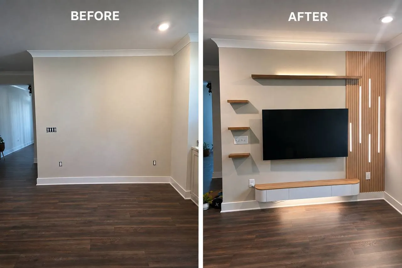 Living room wall before and after. Left: a bare painted wall with two outlets. Right: a vertical wood slat panel with concealed LED strips, three floating oak shelves, a wall-mounted TV and a floating cabinet beneath it.